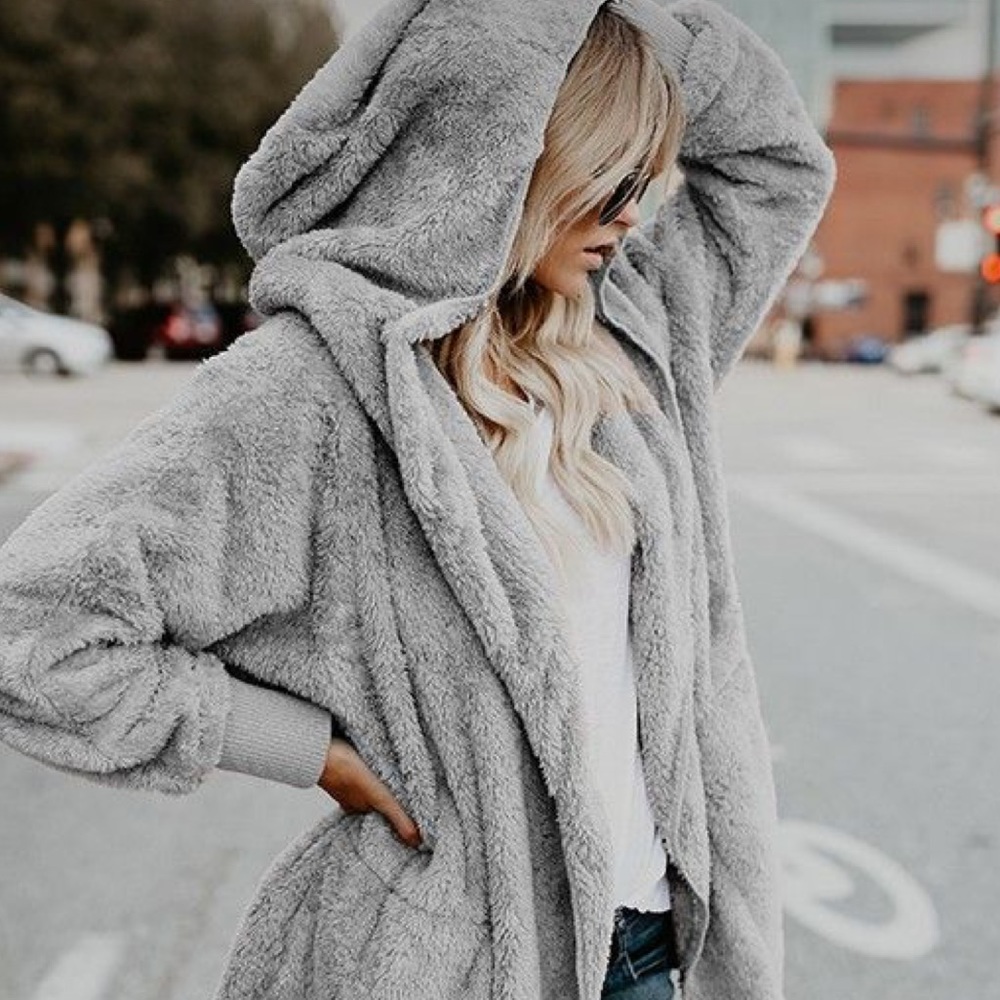 Grey Super Soft Cozy Pocketed Hood Sherpa Lightweight Fleece Teddy Jacket Coat - Picture 2 of 4